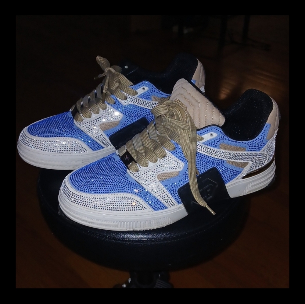Philipp Plein Blue and Beige Sparkle Men's Sneakers